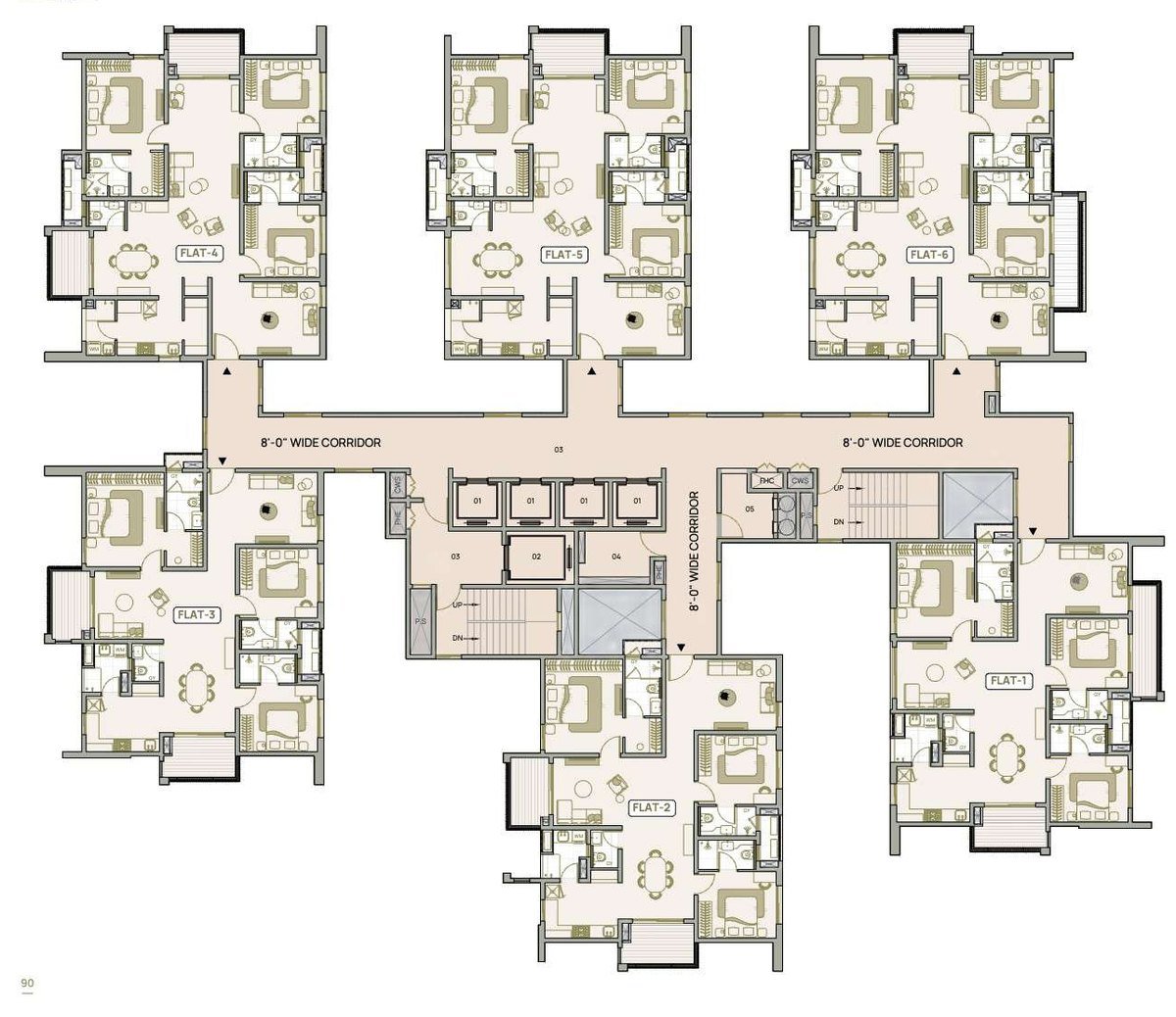 Myscape Palma Tower A typical floor plate showing six 3 BHK homes around the lift lobby and an 8-foot-wide corridor