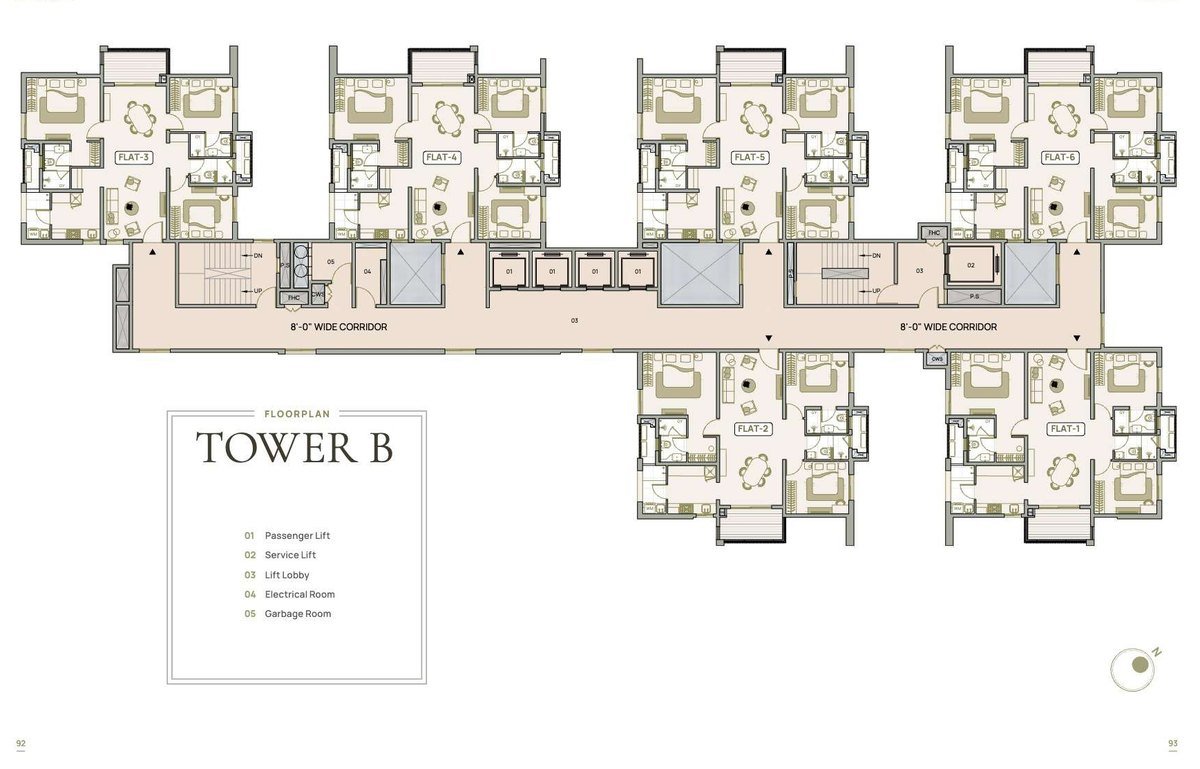 Myscape Palma Tower B typical floor plate showing six 3 BHK homes around the lift lobby and an 8-foot-wide corridor