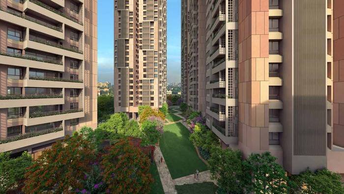 The landscaped ground plane between towers at Myscape Songs of the Sun, with each tower raised 8 m above it.