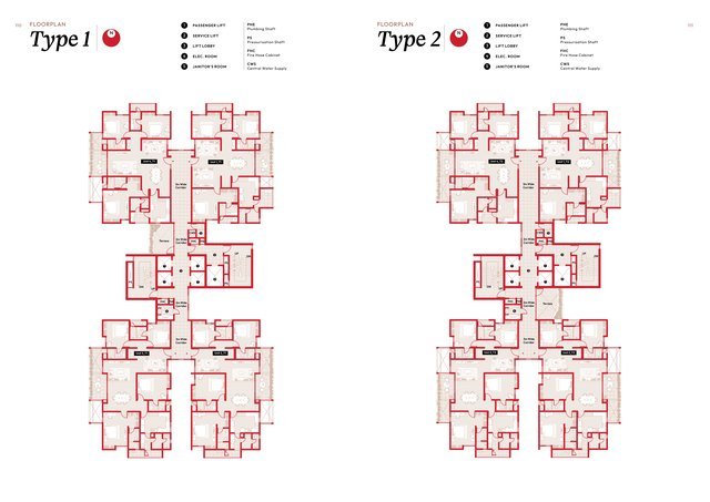 Myscape Songs of the Sun floor plan, Types 1 and 2: typical floor plate showing four corner units around a central core.