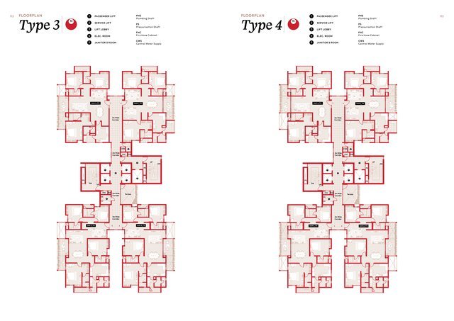 Myscape Songs of the Sun floor plan, Types 3 and 4: typical floor plate showing four corner units around a central core.