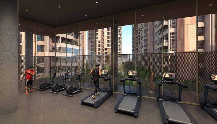The gymnasium at Myscape Songs of the Sun, screened by a perforated jaali that filters glare without closing off the view.