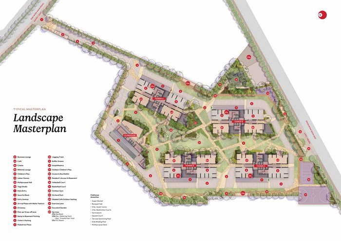 The landscape masterplan for Myscape Songs of the Sun, showing four towers, the clubhouse and the amenity zones.