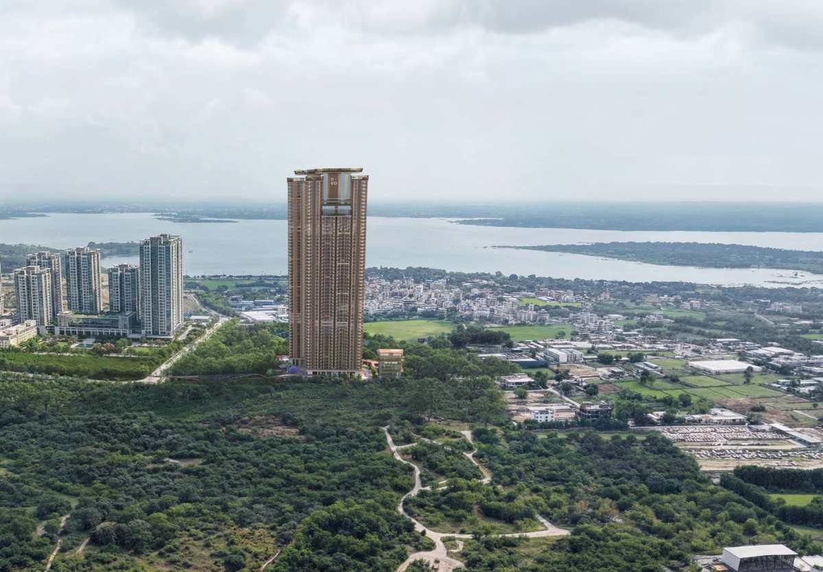 NEO by Yula tower rising above Osman Sagar Lake at Neopolis, Kokapet, Hyderabad