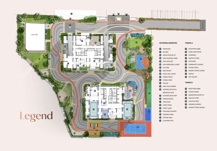 Master layout of NEO by Yula showing both towers, Club Neo, courts and landscape at Neopolis, Kokapet