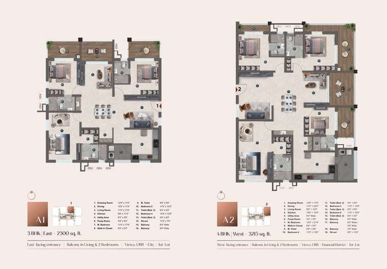 Tower A unit plans with room dimensions at NEO by Yula, Neopolis, Kokapet