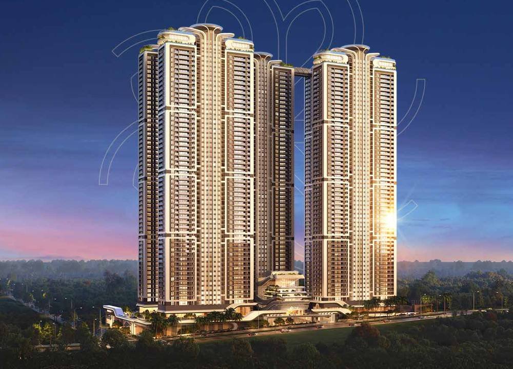 One by MSN: five 55-floor residential towers at Neopolis, Hyderabad, lit at dusk above the podium clubhouse