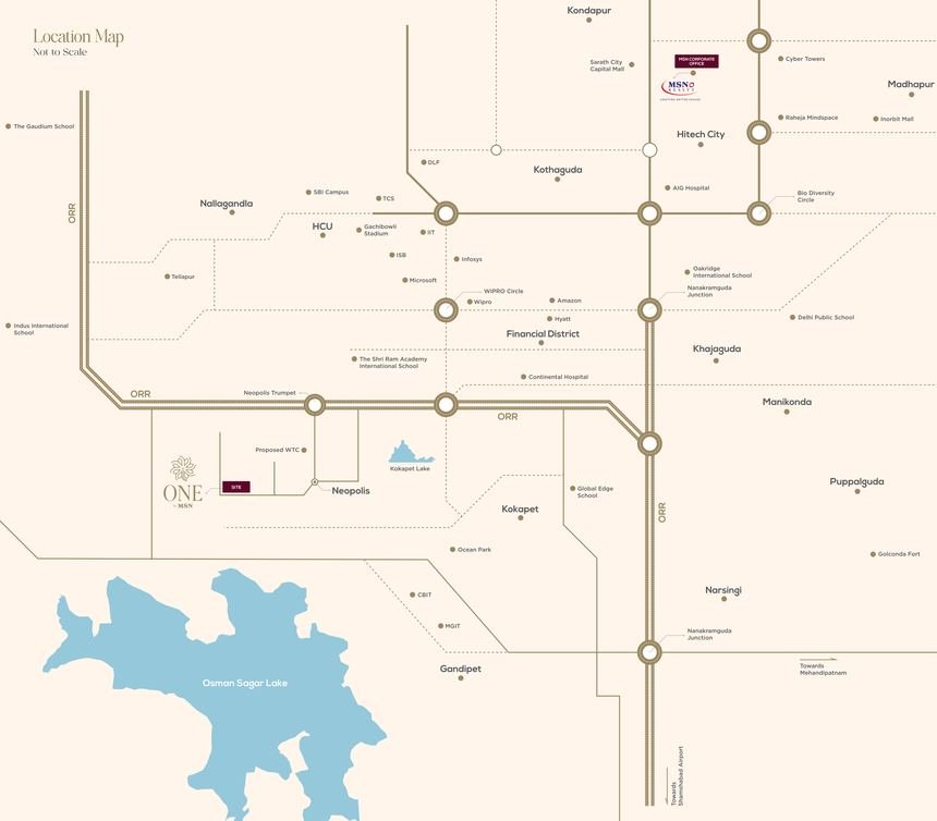 Location map from the One by MSN brochure showing the site at Neopolis beside Kokapet Lake, the Outer Ring Road and Osman Sagar