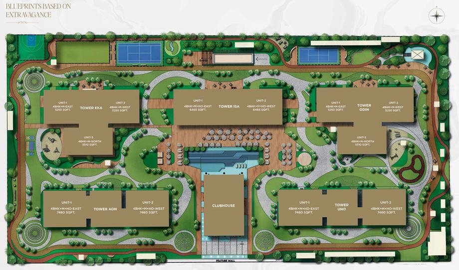 One by MSN master plan showing five towers, the central clubhouse and the landscaped podium at Neopolis