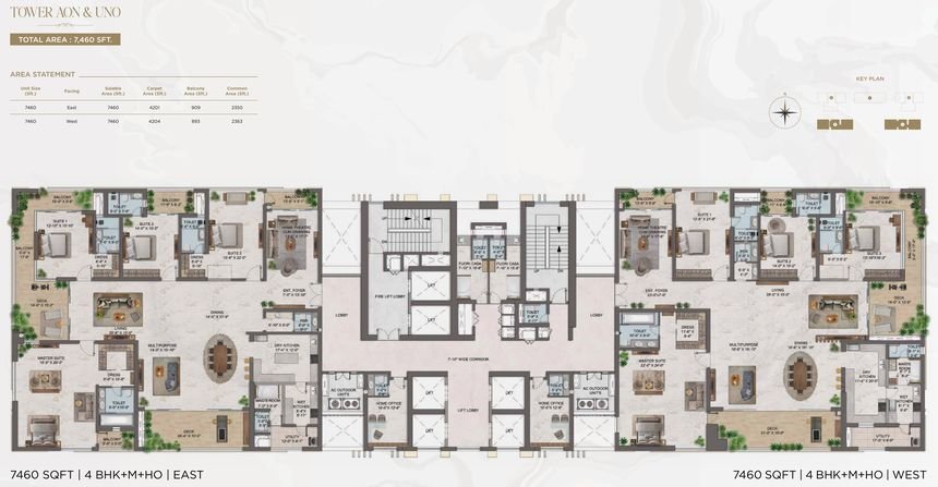 One by MSN typical floor plate for Tower AON and Tower UNO, 7,460 sq.ft 4 BHK + M + HO homes at Neopolis