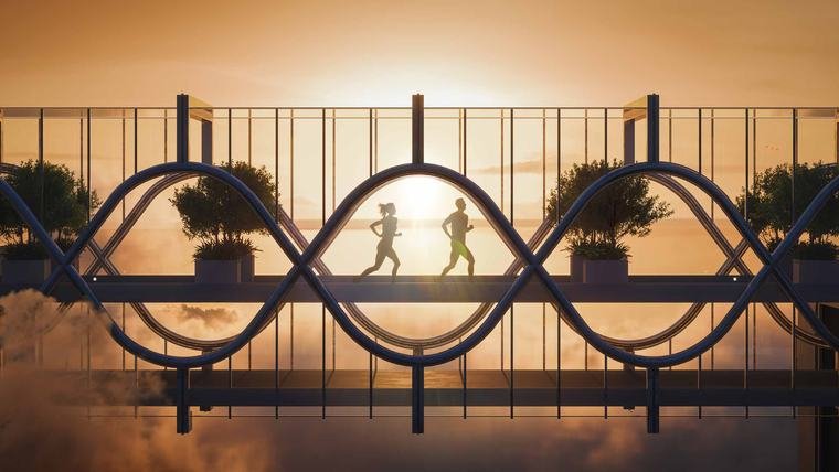 The sky walk running between the towers at One by MSN at sunrise