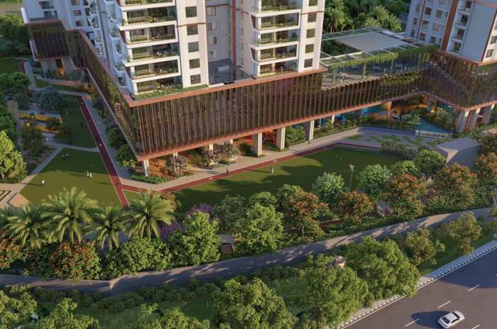 Floating clubhouse and podium landscape at Sumadhura Palais Royale, Puppalaguda, Financial District