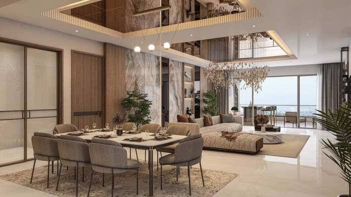 Grand room living and dining interior at Sumadhura Palais Royale, Puppalaguda, Financial District Hyderabad