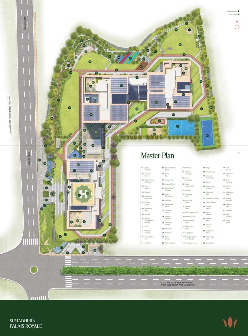 Master plan of Sumadhura Palais Royale showing the tower, podium, clubhouse and landscape on 7.35 acres at Puppalaguda, Financial District