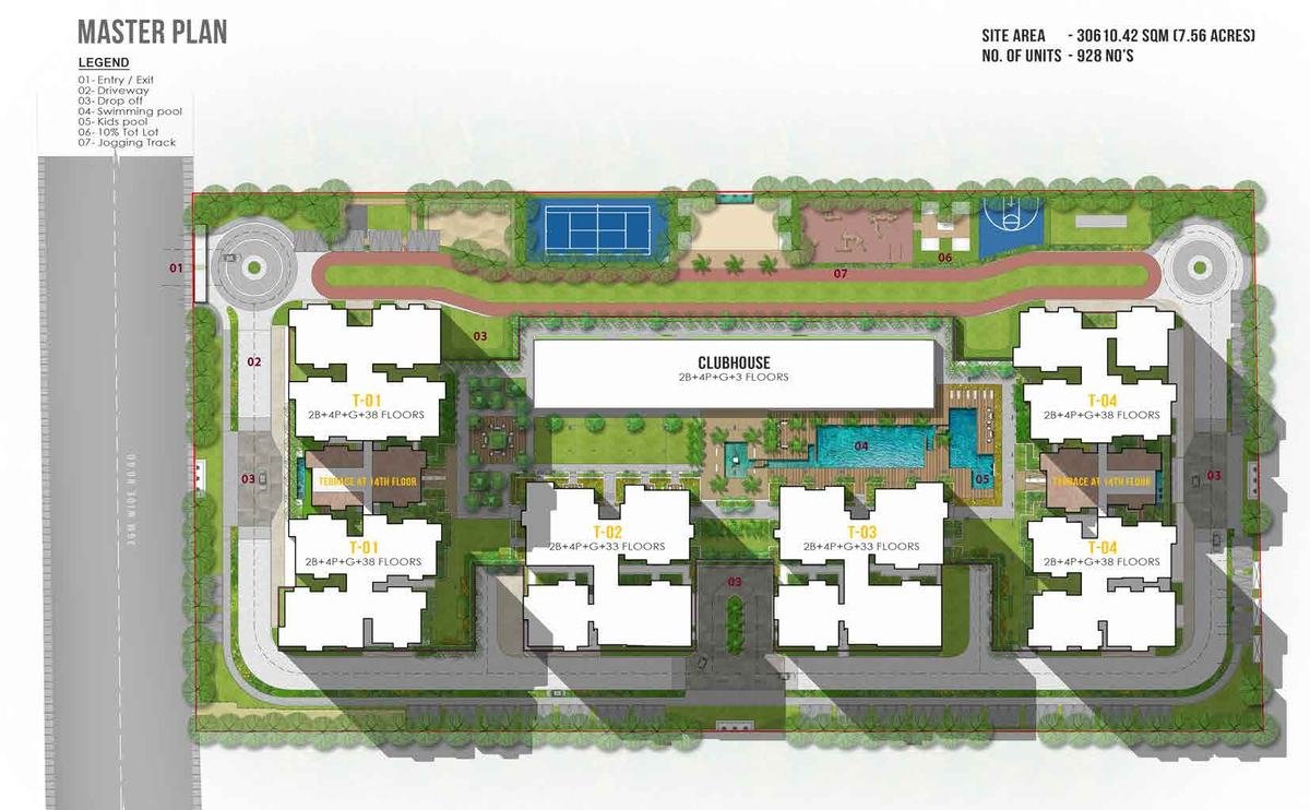 Prestige Clairemont master plan showing four towers, the central clubhouse, swimming pool, tennis court, jogging track and tot lot on the 7.56-acre site