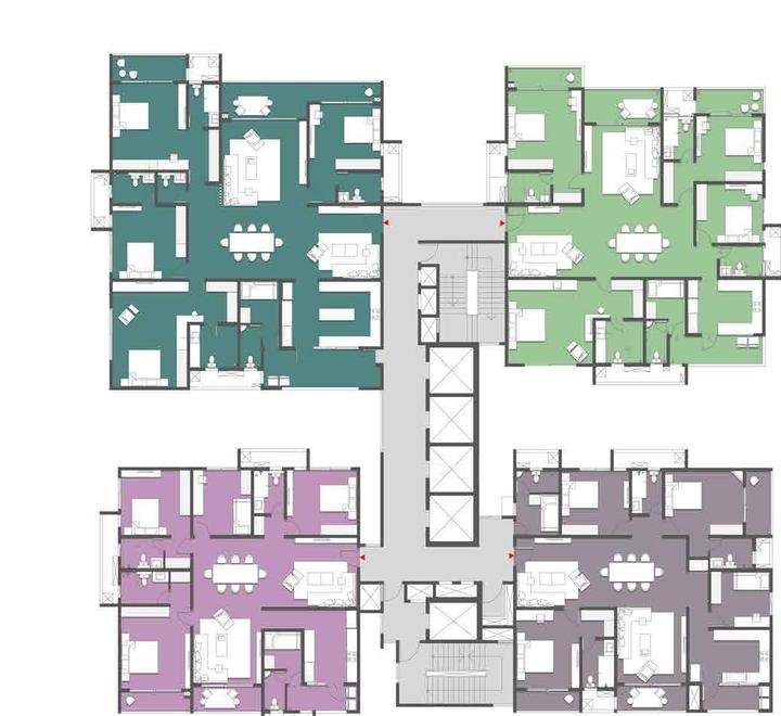 Typical floor plate of Tower 02 at Prestige Clairemont showing four homes per floor, each taking a corner of the building