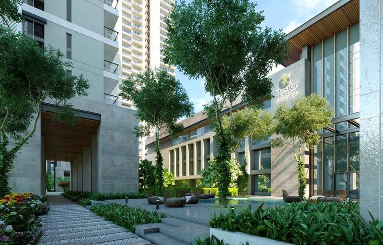 Landscaped podium deck at Prestige Clairemont with pool, seating and mature planting
