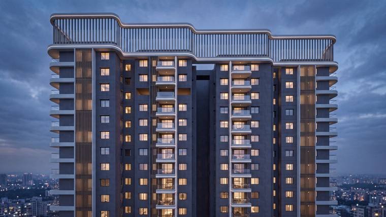 Raghava Halo tower elevation at Kondapur showing corner residences and balconies