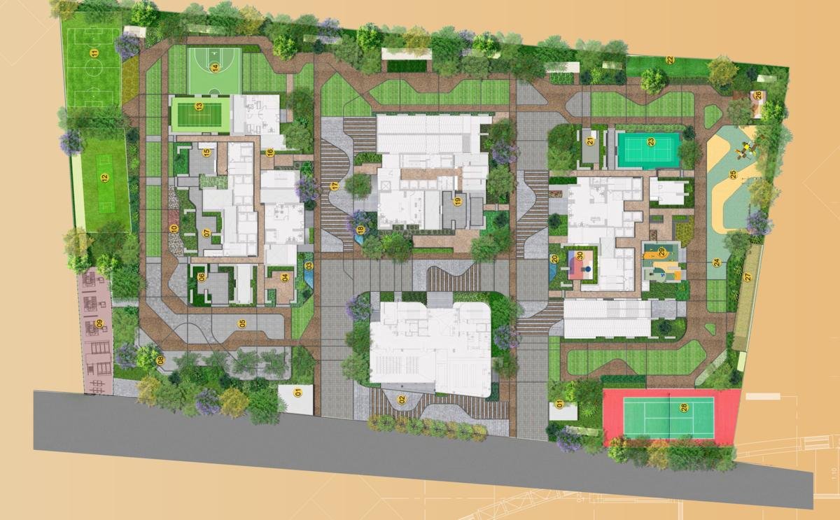 Raghava Halo stilt floor plan at Kondapur, showing three tower footprints, sports courts and landscaped decks across 5.14 acres