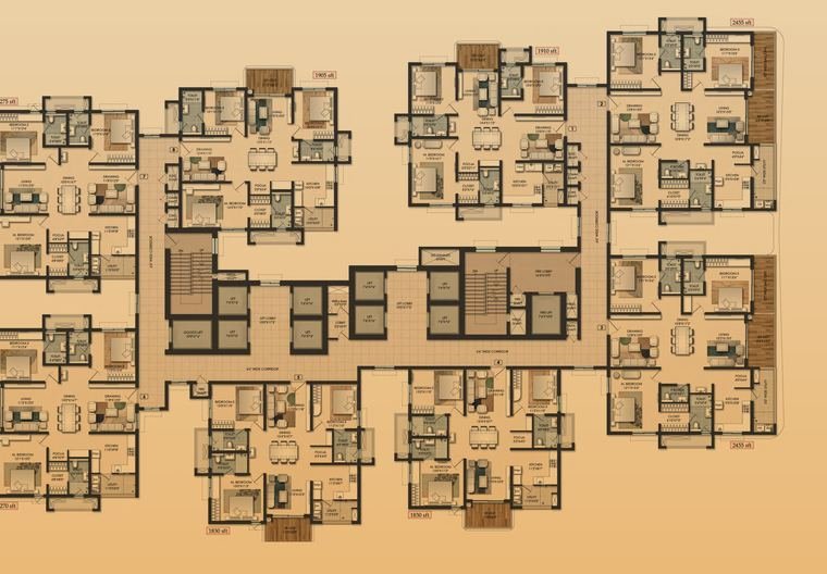 Tower 01 typical floor plan at Raghava Halo, Kondapur, showing eight homes per floor with labelled 3 BHK sizes