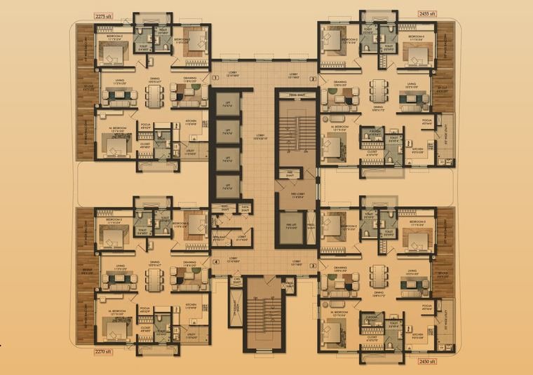 Tower 02 typical floor plan at Raghava Halo, Kondapur, showing four homes per floor with labelled 3 BHK sizes