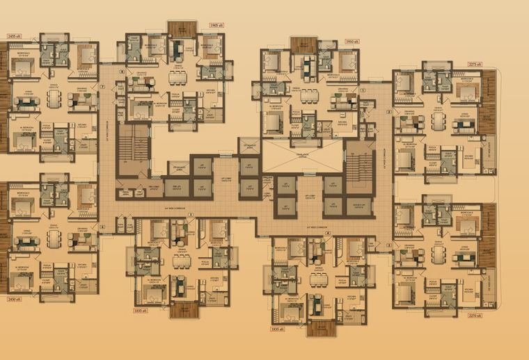 Tower 03 typical floor plan at Raghava Halo, Kondapur, showing eight homes per floor with labelled 3 BHK sizes