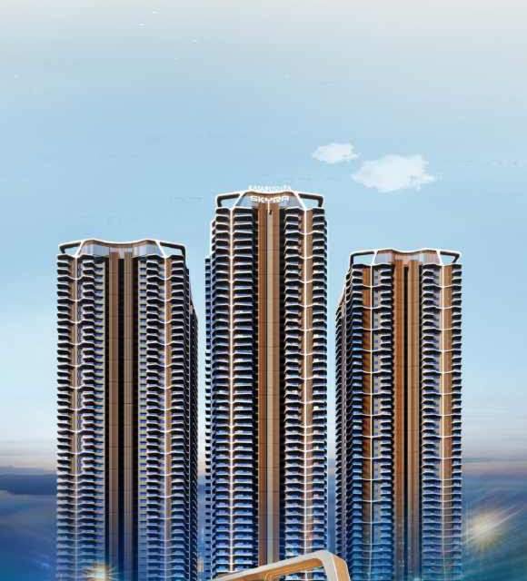 Approach view of Rajapushpa Skyra's three towers from the Neopolis trumpet interchange, Kokapet.