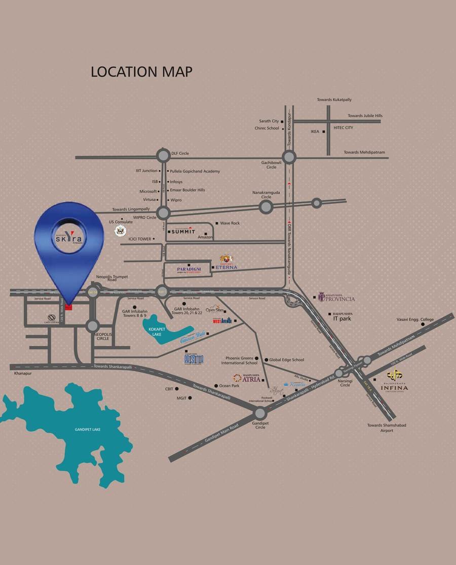 Location map from the Rajapushpa Skyra brochure placing the site on the 120 ft wide road at Neopolis, north of the ORR near the Neopolis trumpet interchange.