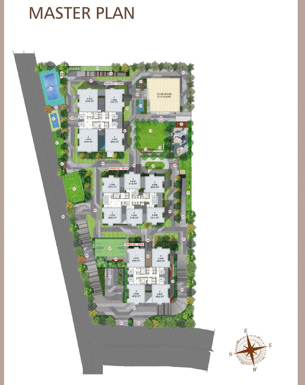 Rajapushpa Skyra master plan showing Tower A Aura, Tower B Bella, Tower C Clara, the G+6 clubhouse and the landscaped ground-level amenities.
