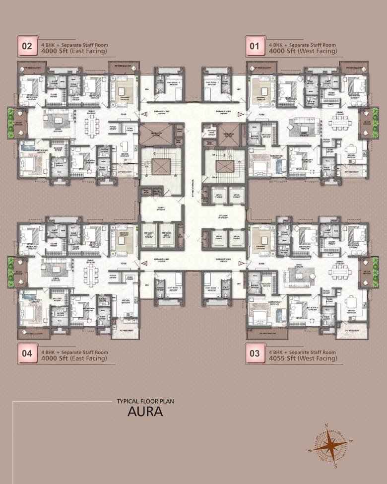 Typical floor plate for Tower A Aura at Rajapushpa Skyra: four 4 BHK homes per floor, each with a separate staff room and private entrance lobby.