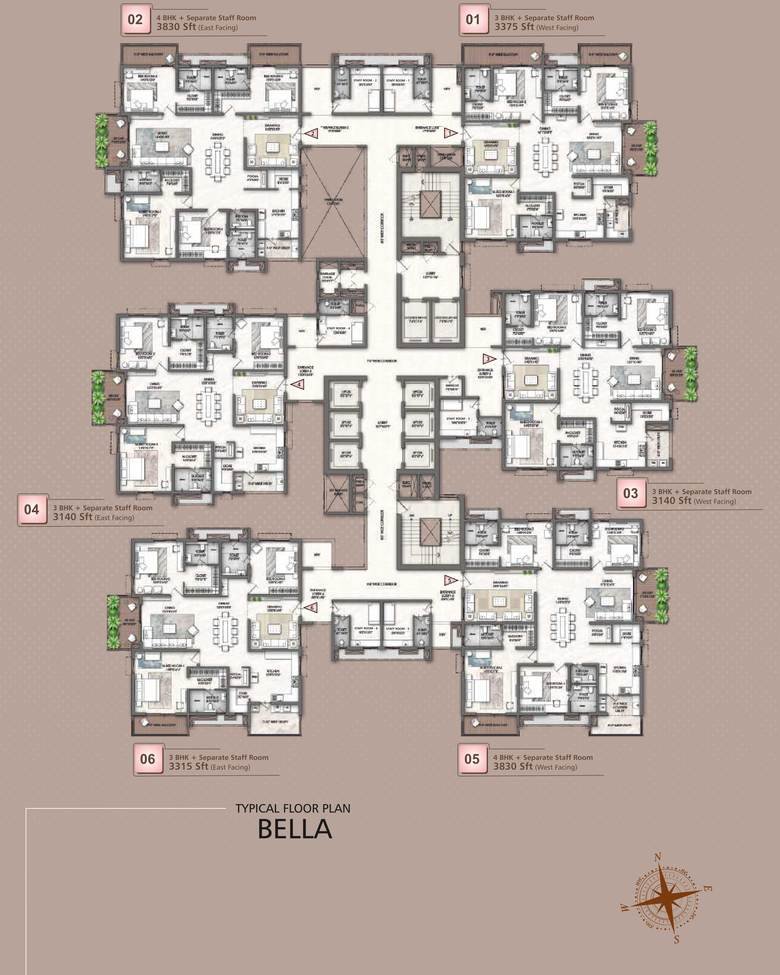 Typical floor plate for Tower B Bella at Rajapushpa Skyra: six homes per floor in 3 BHK and 4 BHK formats with staff rooms and private lobbies.