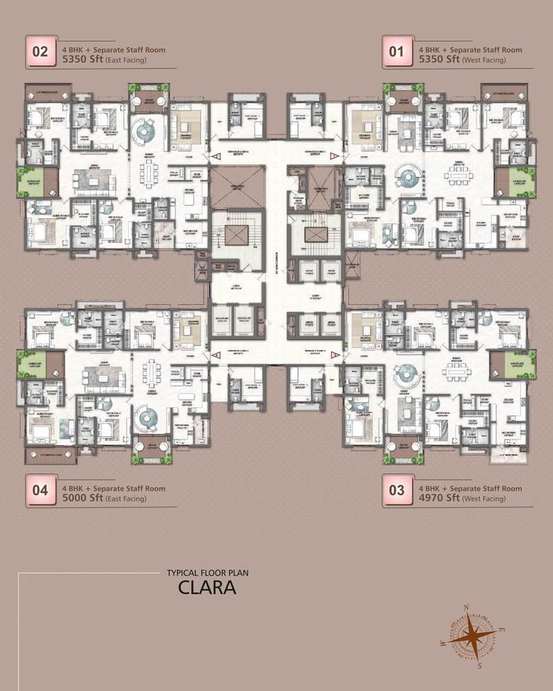 Typical floor plate for Tower C Clara at Rajapushpa Skyra: four large 4 BHK homes per floor from 4,970 to 5,350 sq.ft.