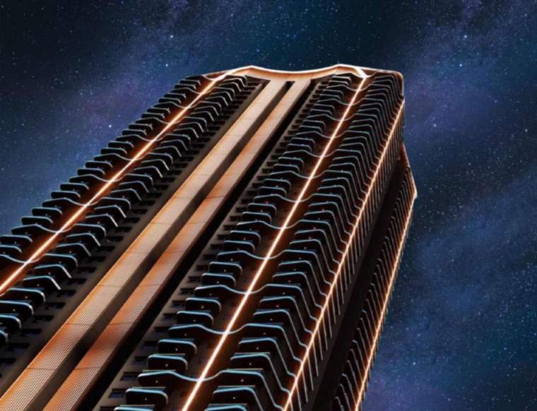 Sky-level amenity deck crowning a 56-floor Rajapushpa Skyra tower under a night sky.