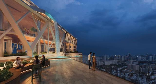 The 18th Hour sky deck at Rise With 9, looking over Hyderabad at dusk