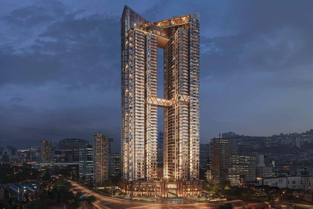 The two towers of Rise With 9 at Neopolis, Hyderabad, with the sky bridge and the 18th Hour deck at the crown