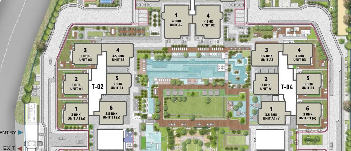 Sattva Lago master plan detail showing the lap pool spine, gathering lawn and towers T-02, T-04 and the 4 BHK tower at Neopolis, Kokapet.