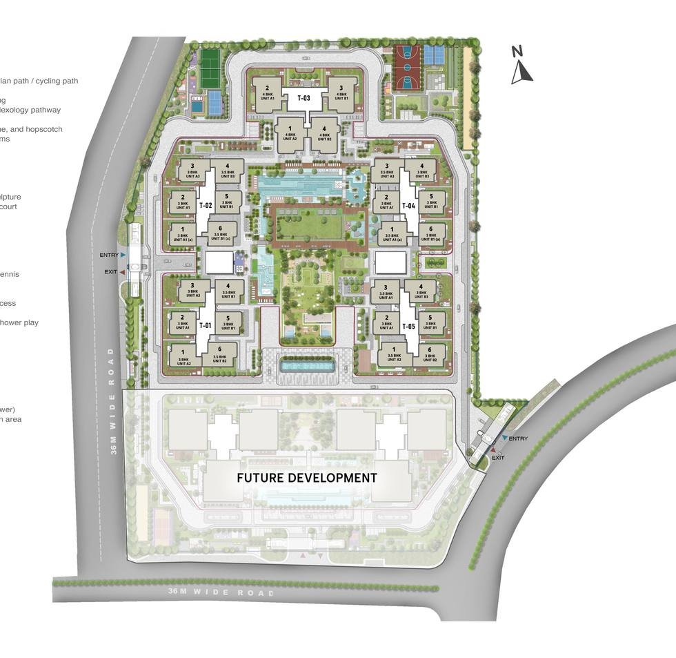 Full Sattva Lago master plan showing five towers, the amenity spine, the entries off the 36 m wide roads and the parcel marked future development.