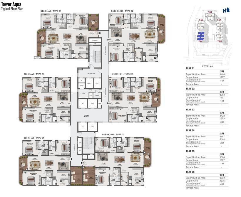 Typical floor plate for Tower Aqua at Sattva Lago: six homes per floor in 3 BHK and 3.5 BHK formats with the printed area schedule.