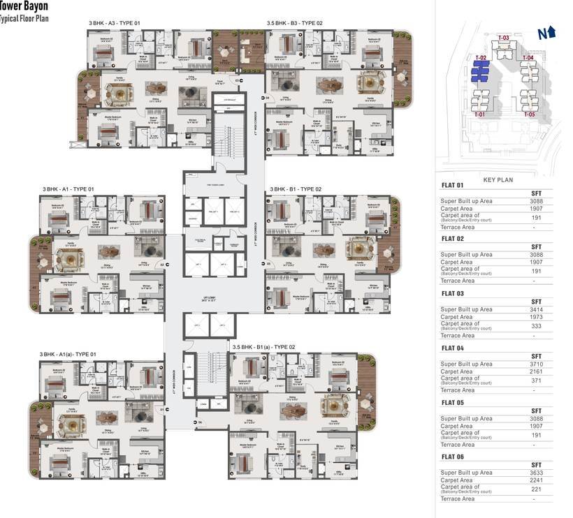 Typical floor plate for Tower Bayon at Sattva Lago: six homes per floor in 3 BHK and 3.5 BHK formats with the printed area schedule.