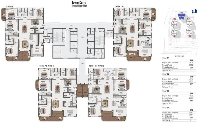 Typical floor plate for Tower Corra at Sattva Lago: four 4 BHK homes per floor from 4,936 to 4,976 sq.ft super built-up.