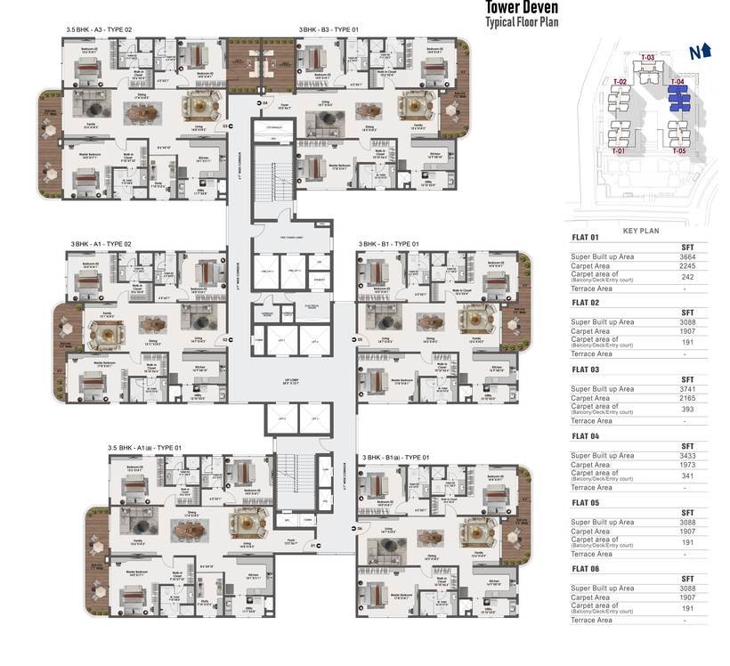 Typical floor plate for Tower Deven at Sattva Lago: six homes per floor in 3 BHK and 3.5 BHK formats with the printed area schedule.