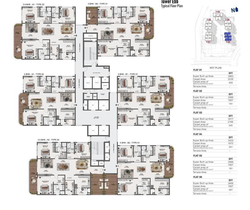 Typical floor plate for Tower Ebb at Sattva Lago: six homes per floor in 3 BHK and 3.5 BHK formats with the printed area schedule.