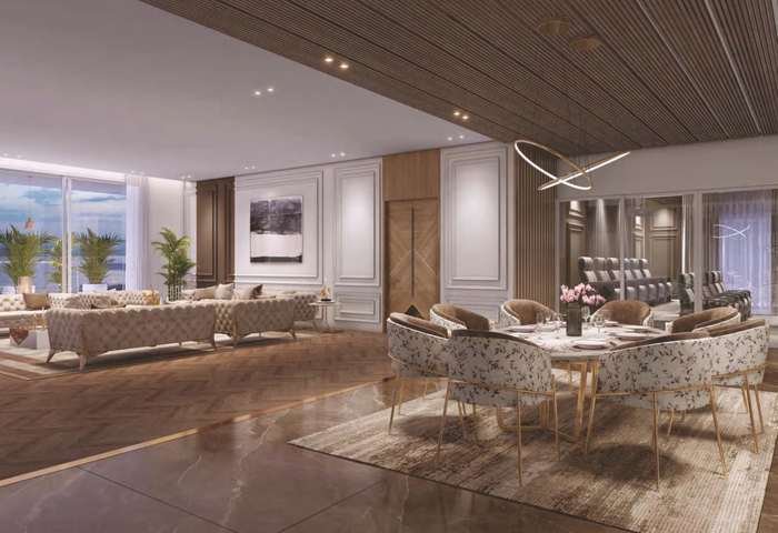 Living and dining interior with imported marble flooring at Sattva LakeRidge