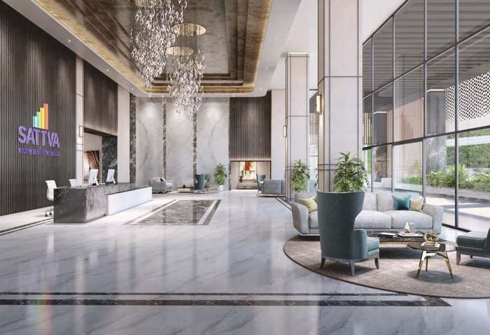 Double height tower entrance lobby in marble at Sattva LakeRidge, Neopolis, Kokapet