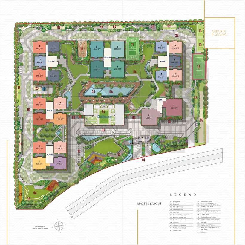 Master layout of Sattva LakeRidge showing six towers, clubhouse, pools and amenities on 9.50 acres at Neopolis, Kokapet