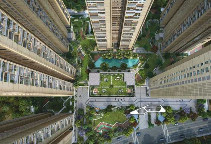 Podium level swimming pool and landscaped decks at Sattva LakeRidge, Neopolis, Kokapet