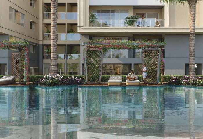 Temperature controlled swimming pool and pergola decks at Sattva LakeRidge