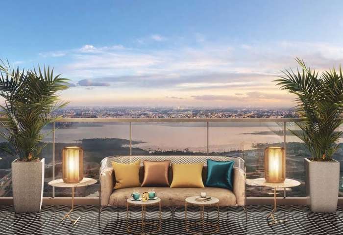 Private apartment deck overlooking the lake at Sattva LakeRidge, Neopolis, Kokapet Kokapet