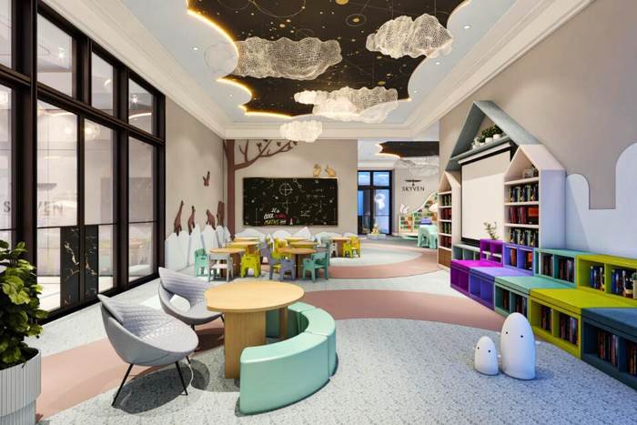 Children's play area and reading room in the Skyven Kokapet clubhouse