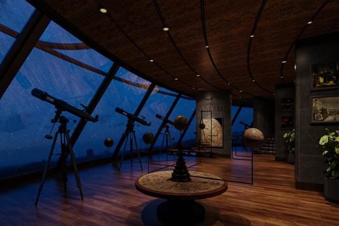 Star observatory at Skyven Kokapet, telescopes under a glazed roof on the 63rd floor